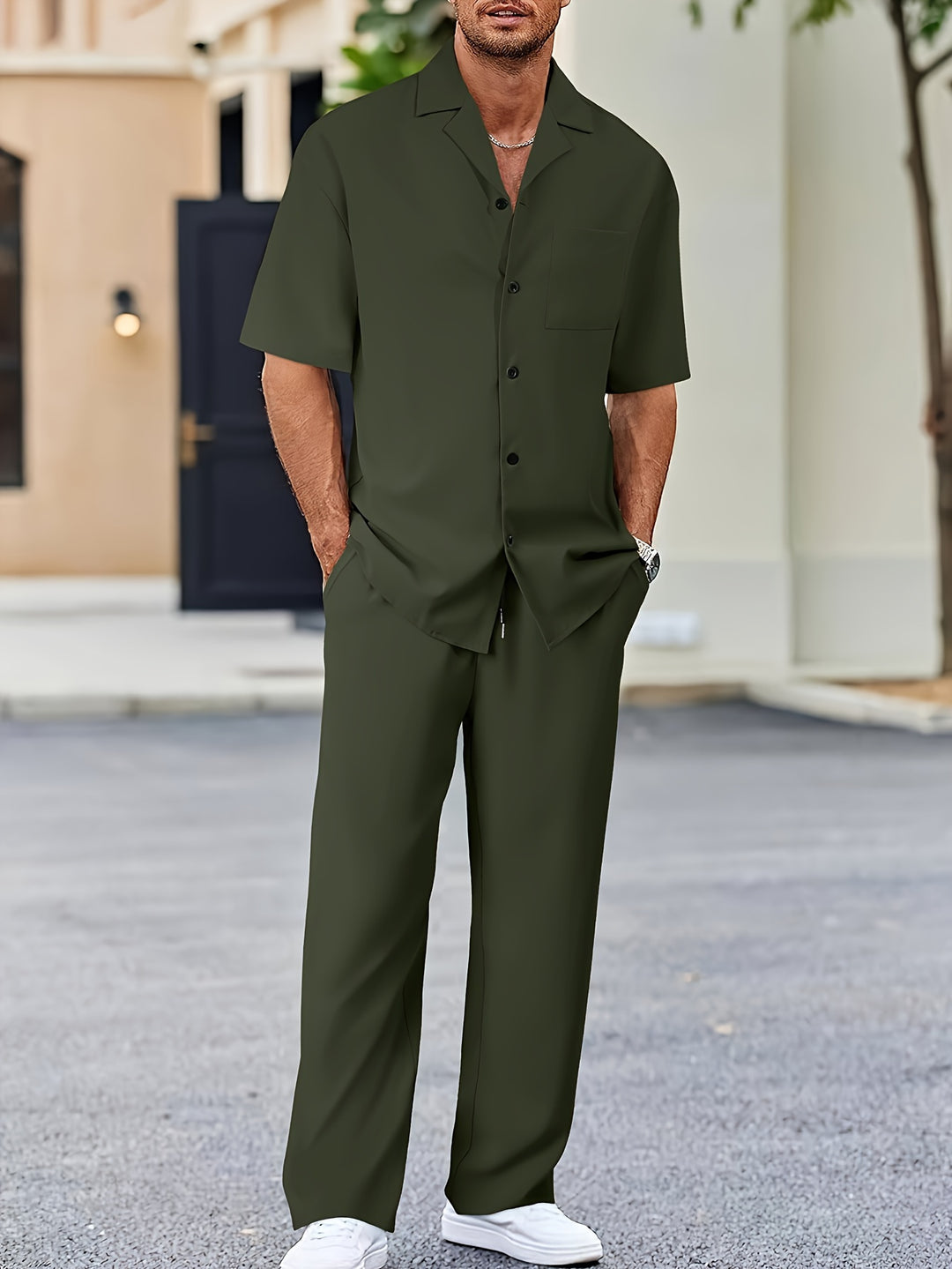 Leonardo | Classico Completo Estivo Uomo Camicia Pantaloni Verde Militare