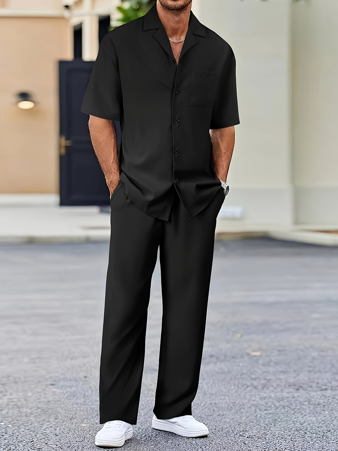 Leonardo | Classico Completo Estivo Uomo Camicia Pantaloni Nero