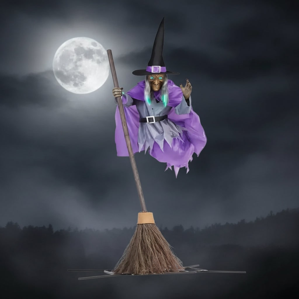 Life-Size Flying Witch Halloween Decor with Glowing Eyes and Broomstick for Outdoor Yard Decorations - Image 1