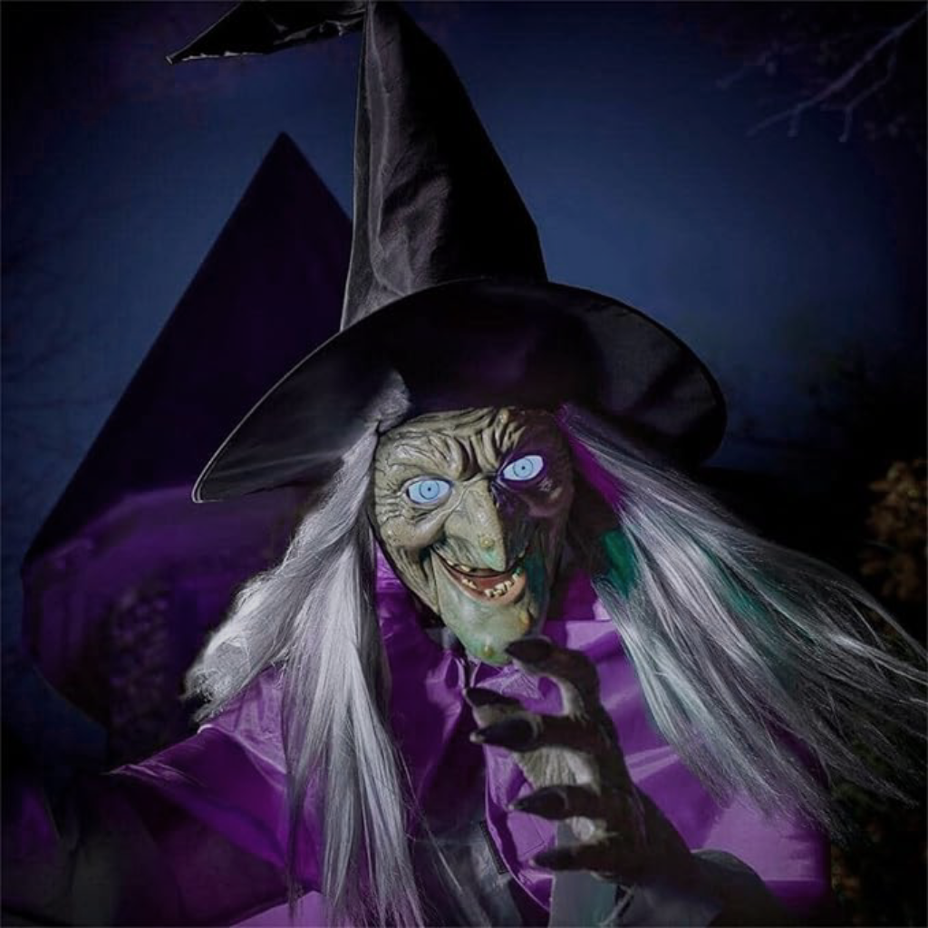 Life-Size Flying Witch Halloween Decor with Glowing Eyes and Broomstick for Outdoor Yard Decorations - Image 2