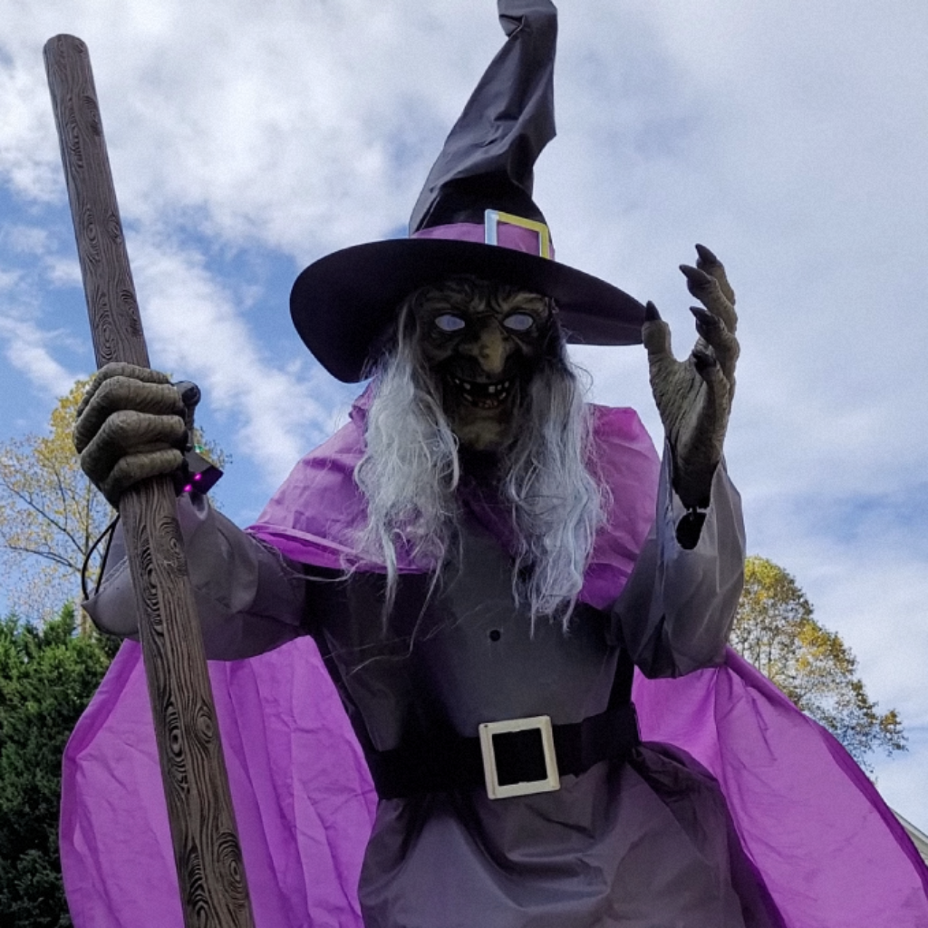 Life-Size Flying Witch Halloween Decor with Glowing Eyes and Broomstick for Outdoor Yard Decorations - Image 3