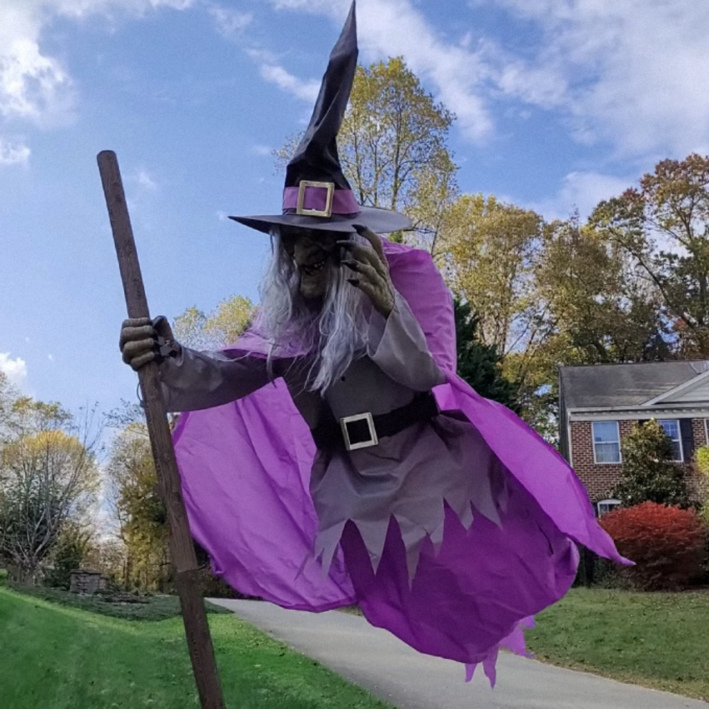 Life-Size Flying Witch Halloween Decor with Glowing Eyes and Broomstick for Outdoor Yard Decorations - Image 4