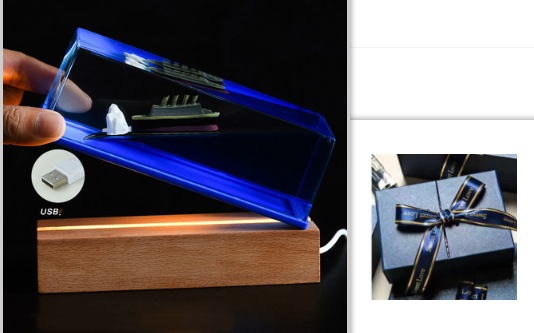 Liquid Wave Paperweight with LED Light Base and Floating Ship - Image 3