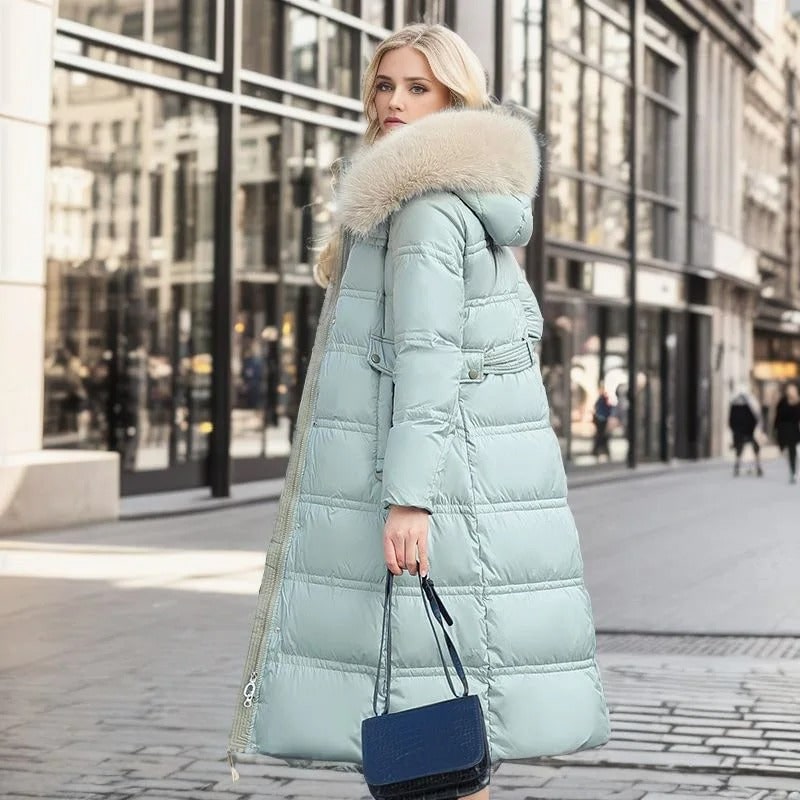 Long Faux Fur Coat with Quilted Puffer Construction Fur-Trimmed Hood - Image 12