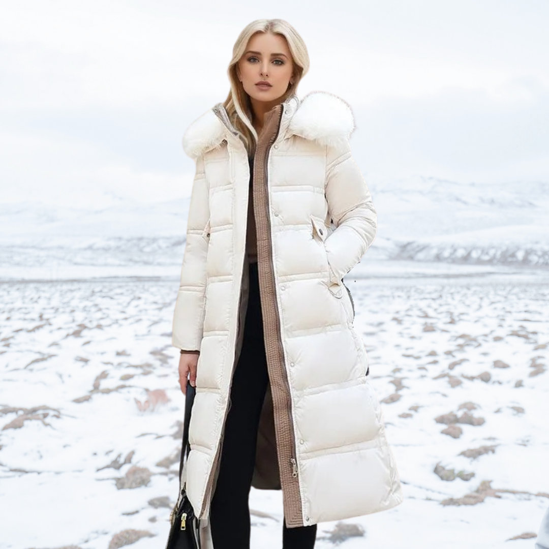 Long Faux Fur Coat with Quilted Puffer Construction Fur-Trimmed Hood - Image 13