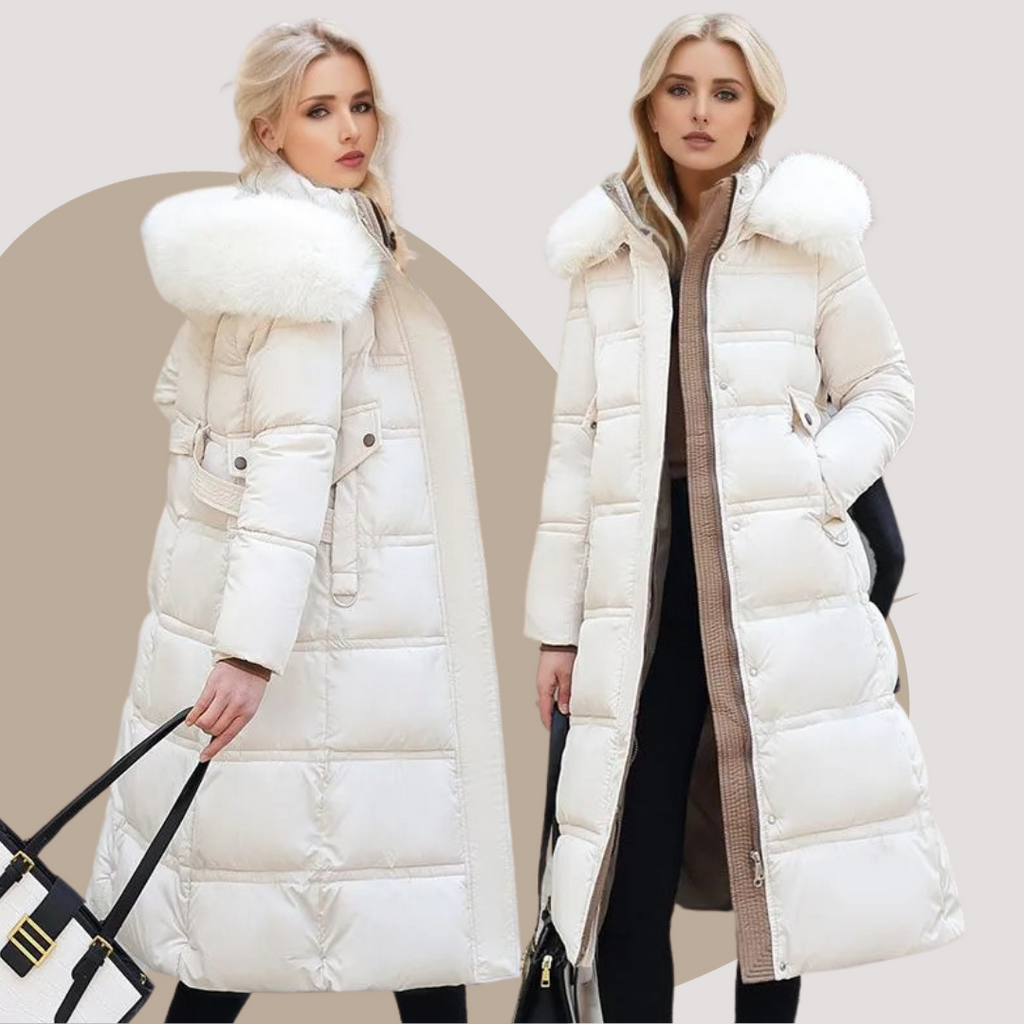 Long Faux Fur Coat with Quilted Puffer Construction Fur-Trimmed Hood - Image 18