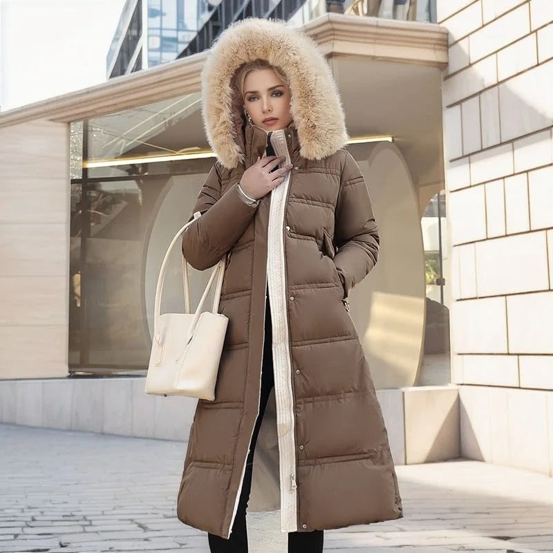Long Faux Fur Coat with Quilted Puffer Construction Fur-Trimmed Hood - Image 3