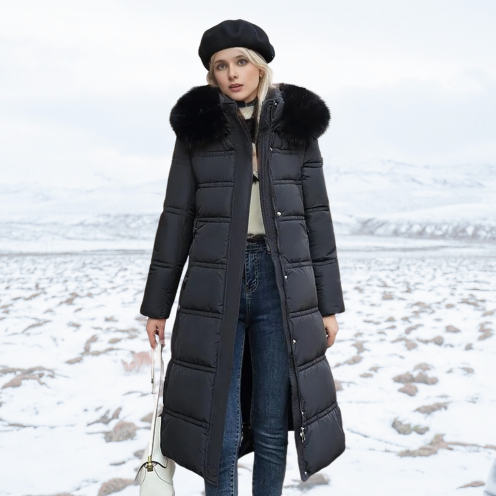 Long Faux Fur Coat with Quilted Puffer Construction Fur-Trimmed Hood - Image 4