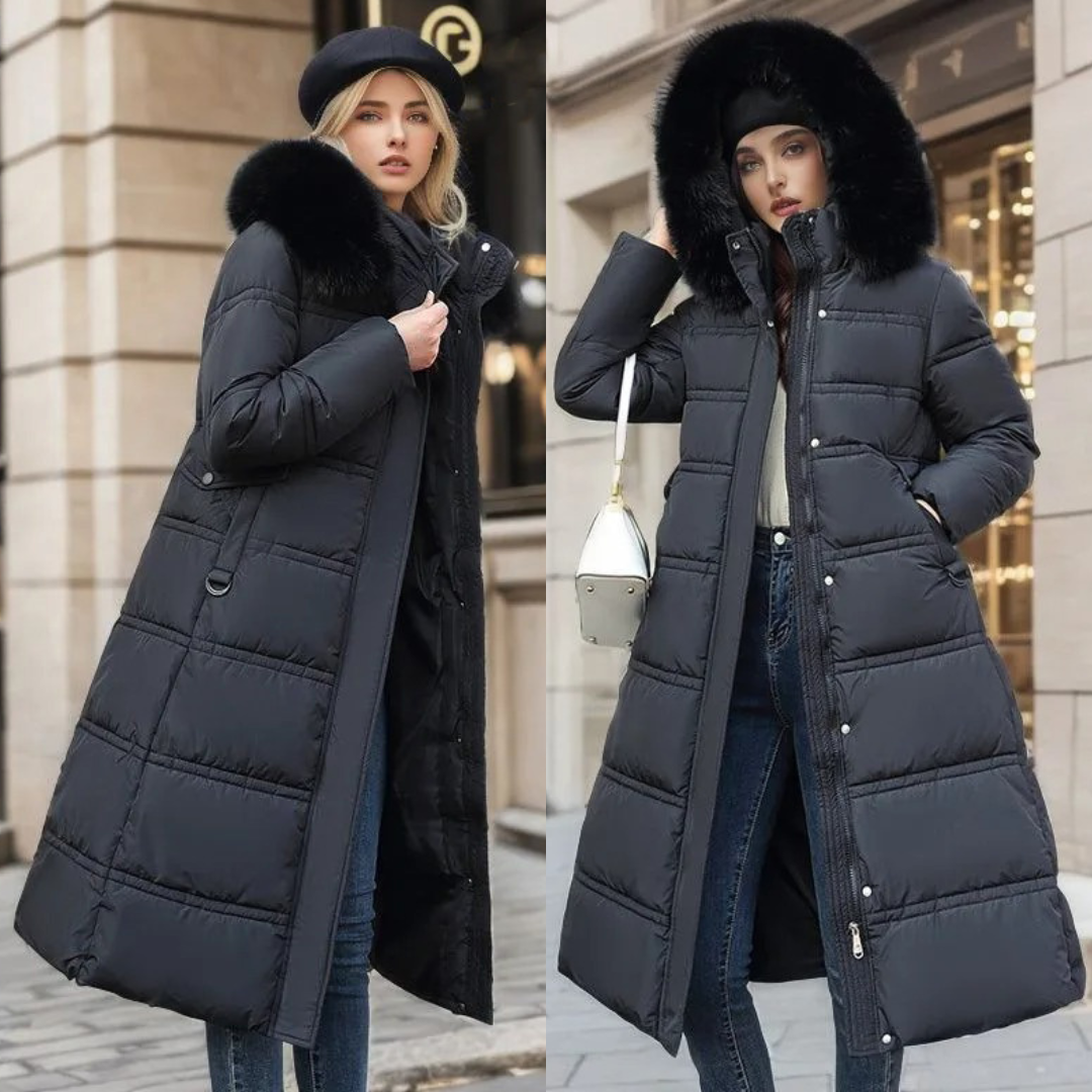 Long Faux Fur Coat with Quilted Puffer Construction Fur-Trimmed Hood - Image 6