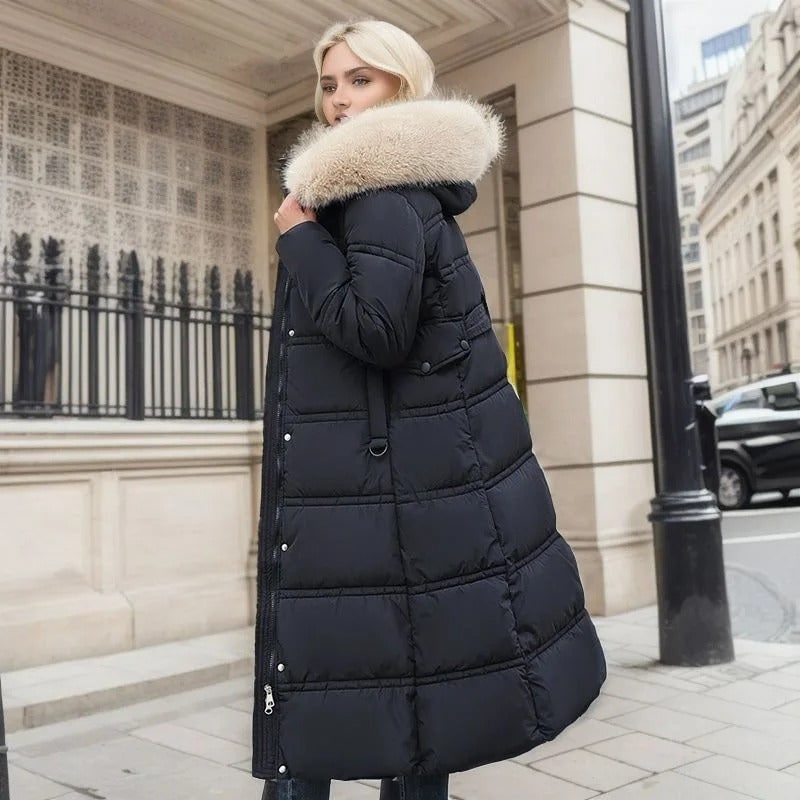 Long Faux Fur Coat with Quilted Puffer Construction Fur-Trimmed Hood - Image 8