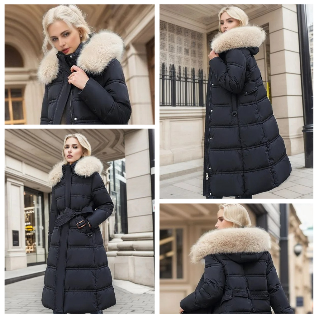 Long Faux Fur Coat with Quilted Puffer Construction Fur-Trimmed Hood - Image 9