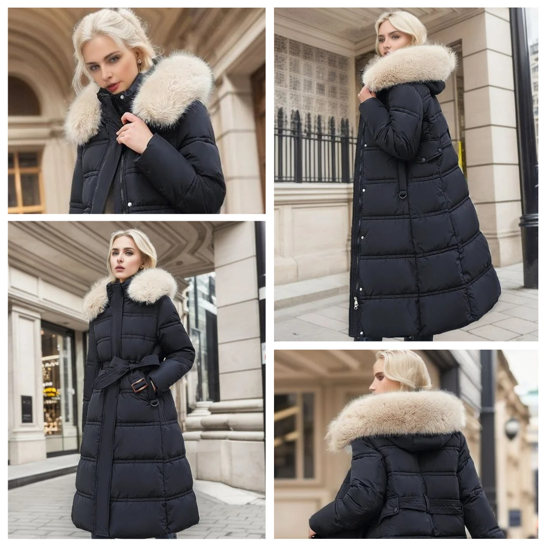 Long Faux Fur Coat with Quilted Puffer Construction Fur-Trimmed Hood - Image 9