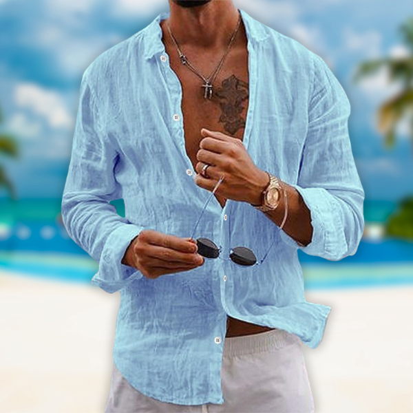 Lorenzo | Camicia Uomo Lino Manica Lunga Casual Azzurro