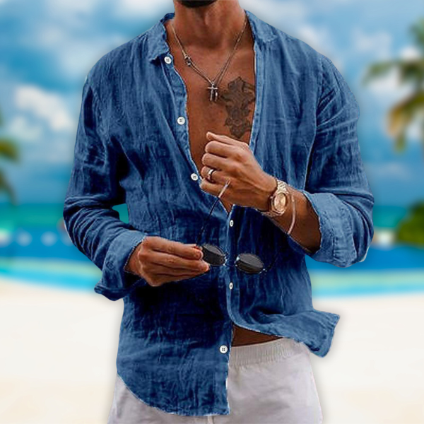 Lorenzo | Camicia Uomo Lino Manica Lunga Casual Blu Scuro