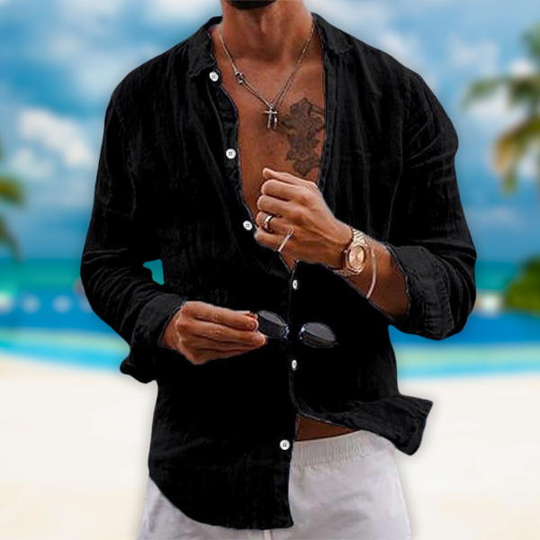 Lorenzo | Camicia Uomo Lino Manica Lunga Casual Nero