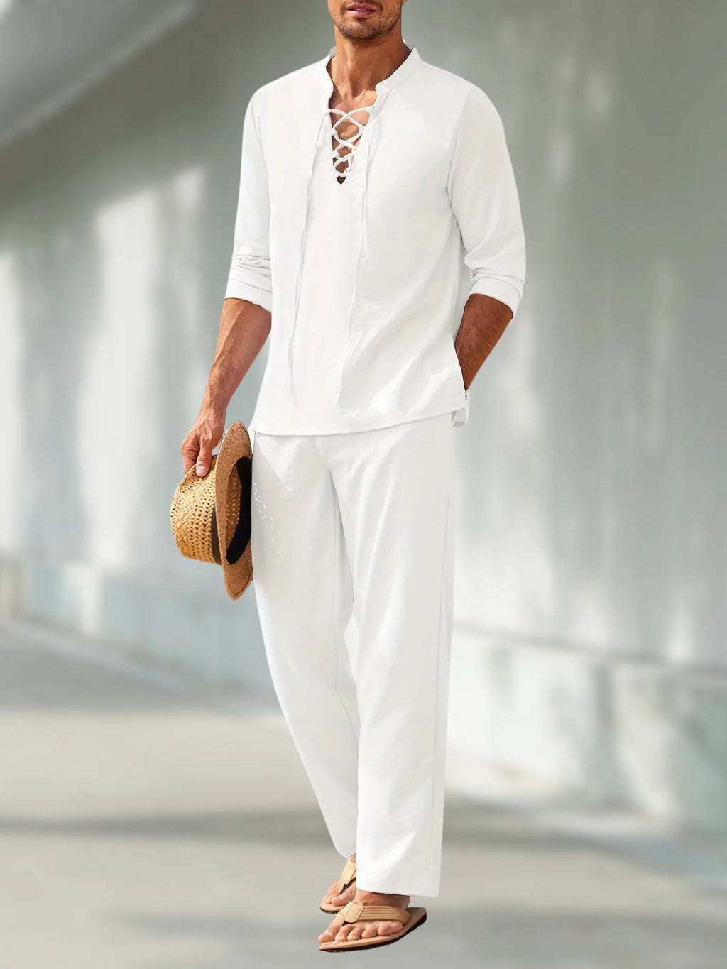 Lorenzo | Completo Uomo Estivo Lino Scollo V Bianco