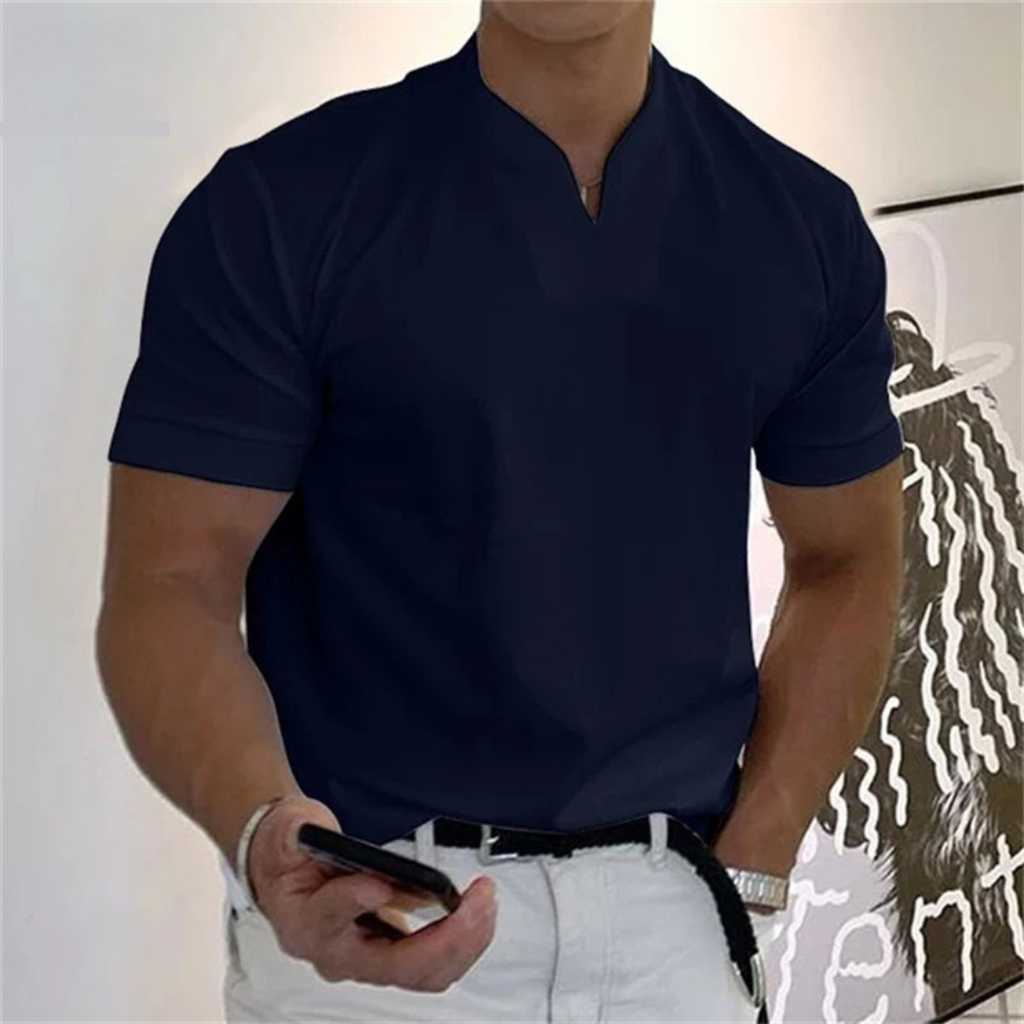 Lorenzo | Maglietta Elegante Uomo Cottone Collo Coreana Blu Navy
