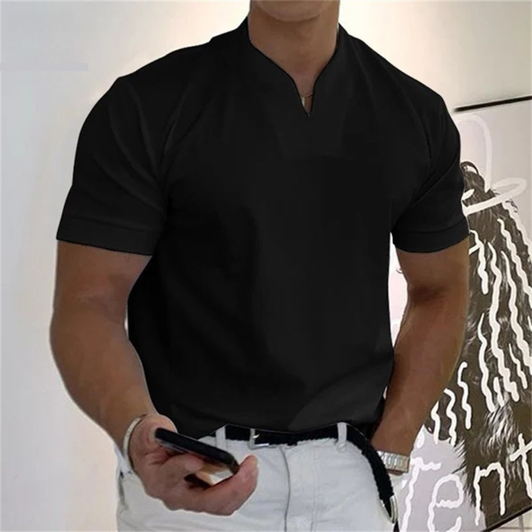 Lorenzo | Maglietta Elegante Uomo Cottone Collo Coreana Nero