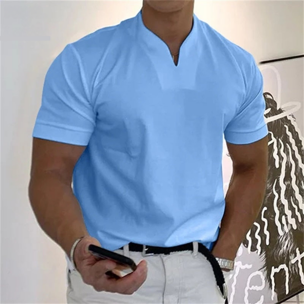 Lorenzo | Maglietta Elegante Uomo Cottone Collo Coreana Blu