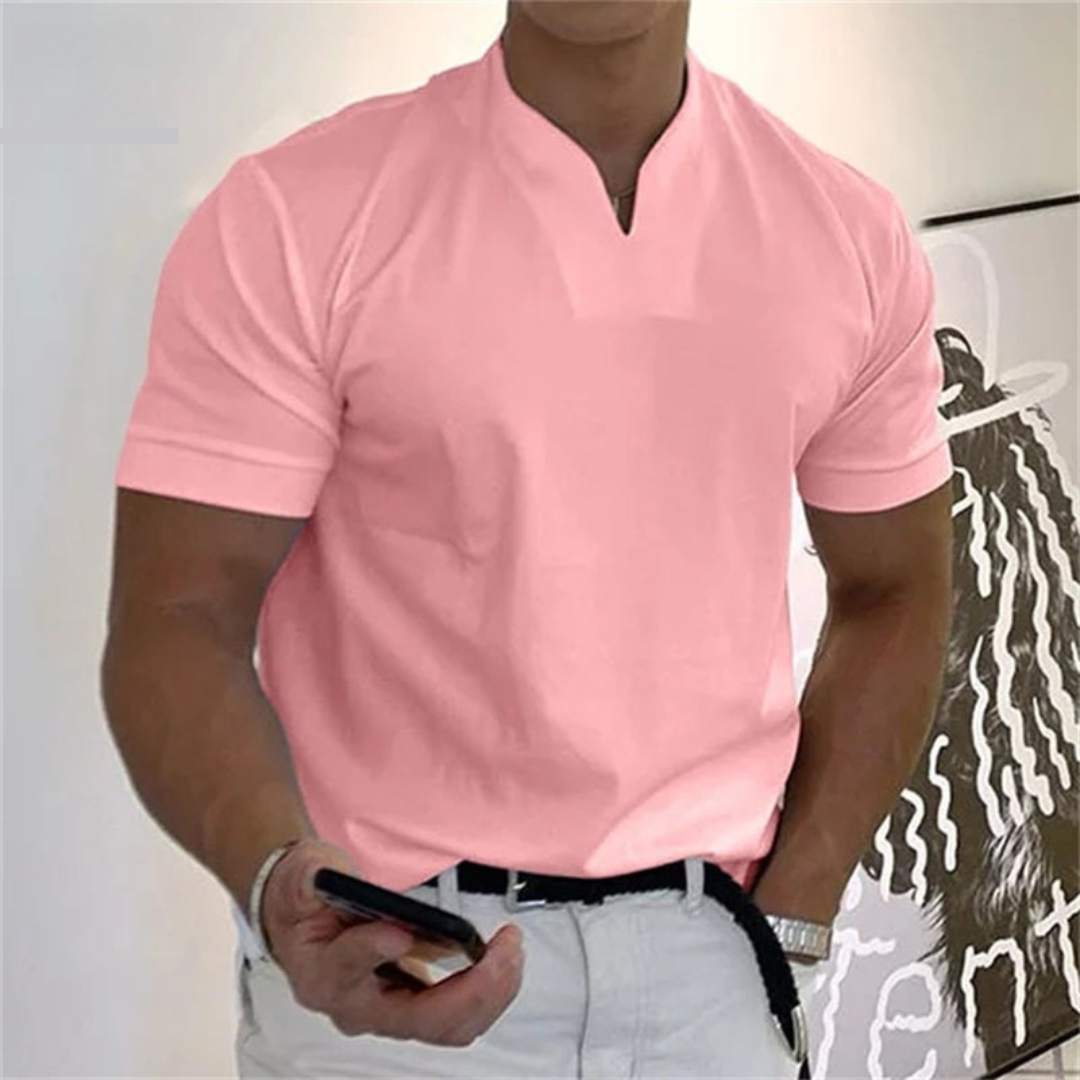 Lorenzo | Maglietta Elegante Uomo Cottone Collo Coreana Rosa