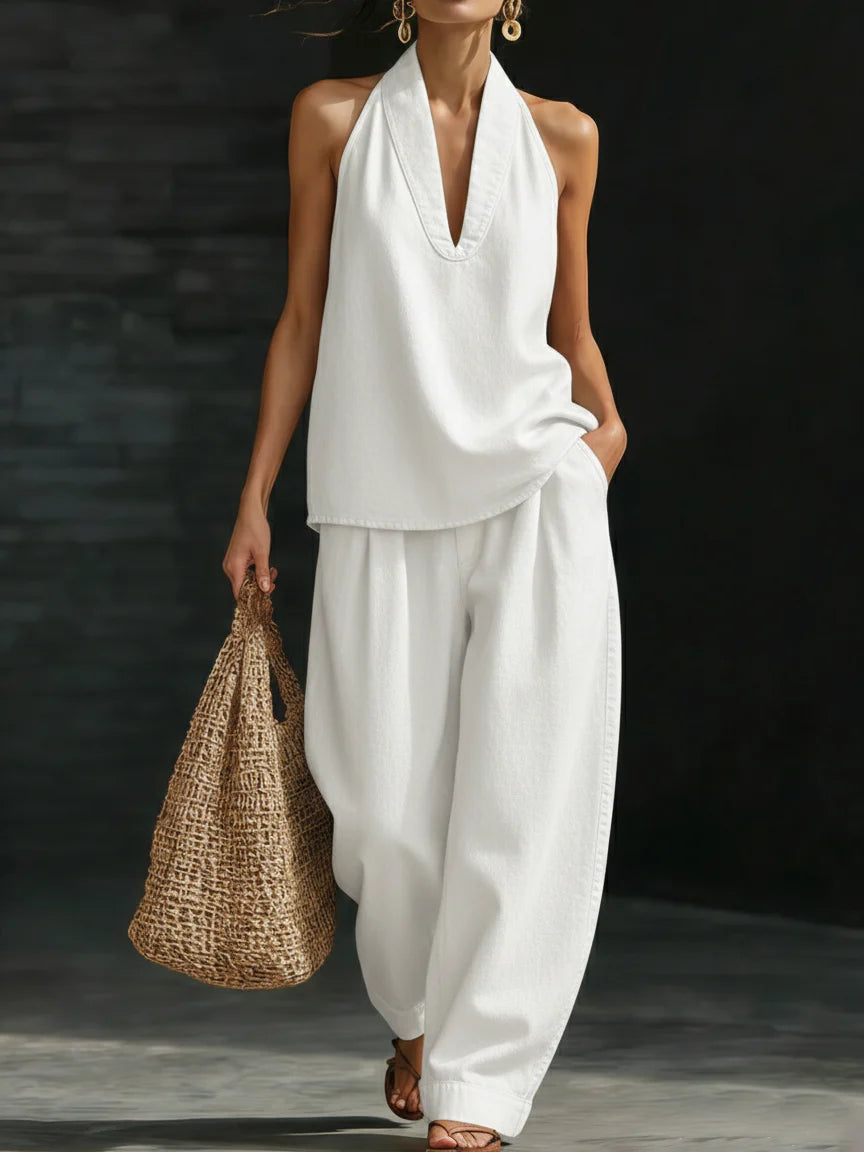 Lucia | Set Donna Denim Scollo a V Gamba Larga Bianco