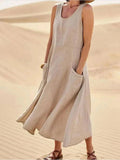 Lucia | Vestito Maxi Senza Maniche Tasche Cachi