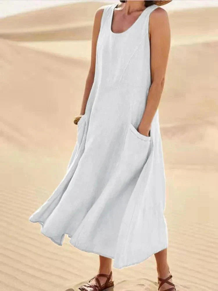 Lucia | Vestito Maxi Senza Maniche Tasche Beige