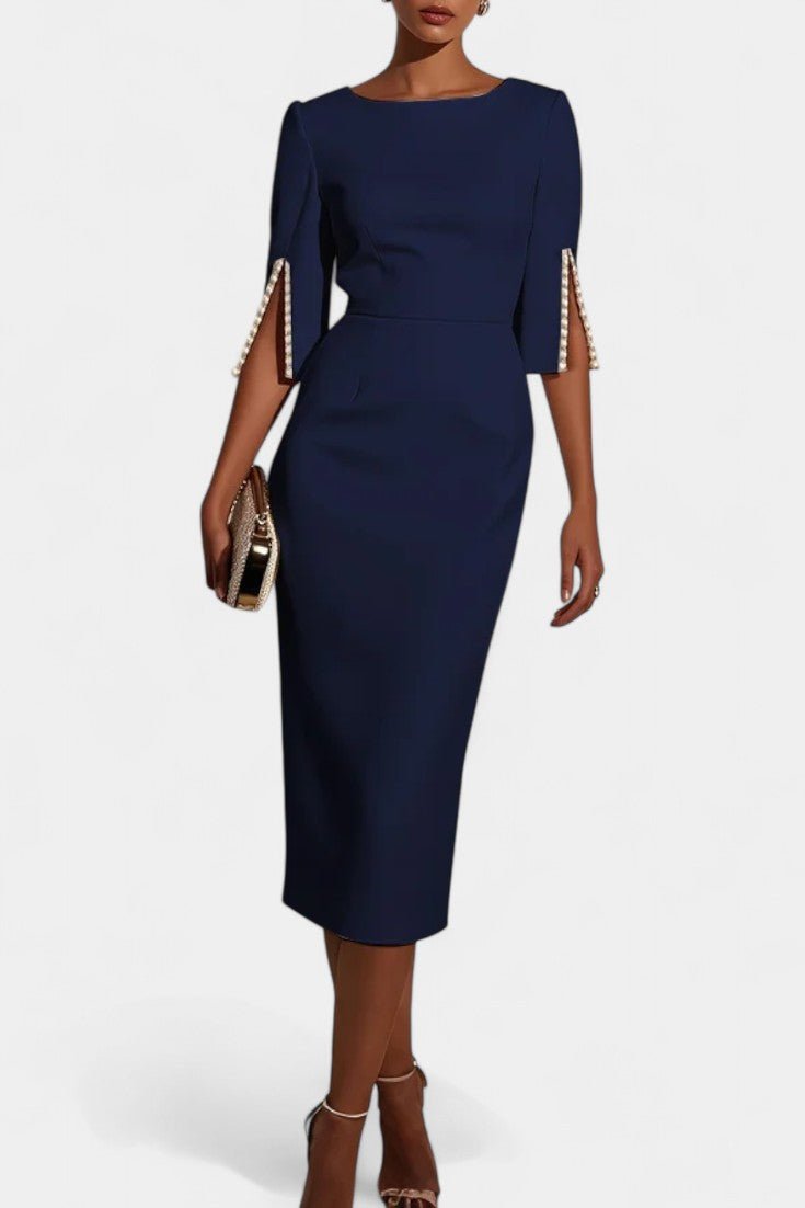 Ludovica | Abito Midi Maniche Spacco Perle Blu Navy