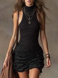 Ludovica | Vestito Nero Costine Collo Alto Arricciato Nero