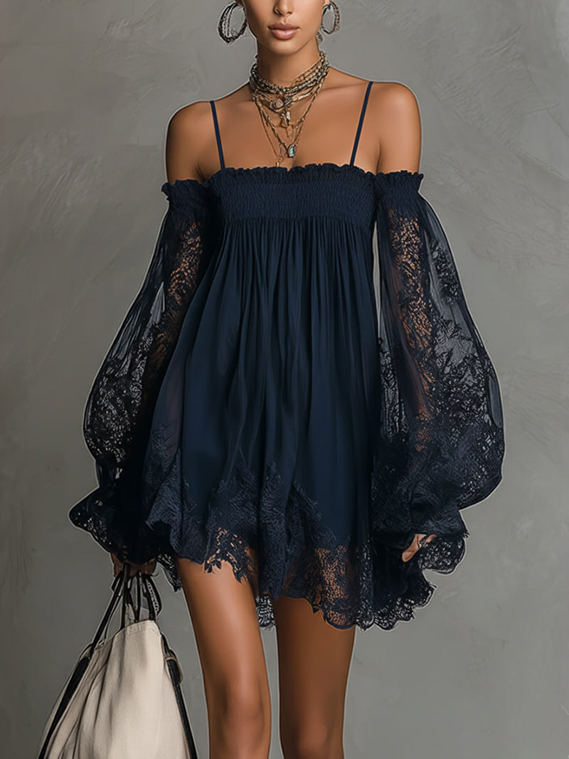 Margherita | Mini Abito in Chiffon Blu con Pizzo e Maniche Blu Navy