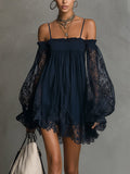 Margherita | Mini Abito in Chiffon Blu con Pizzo e Maniche Blu Navy