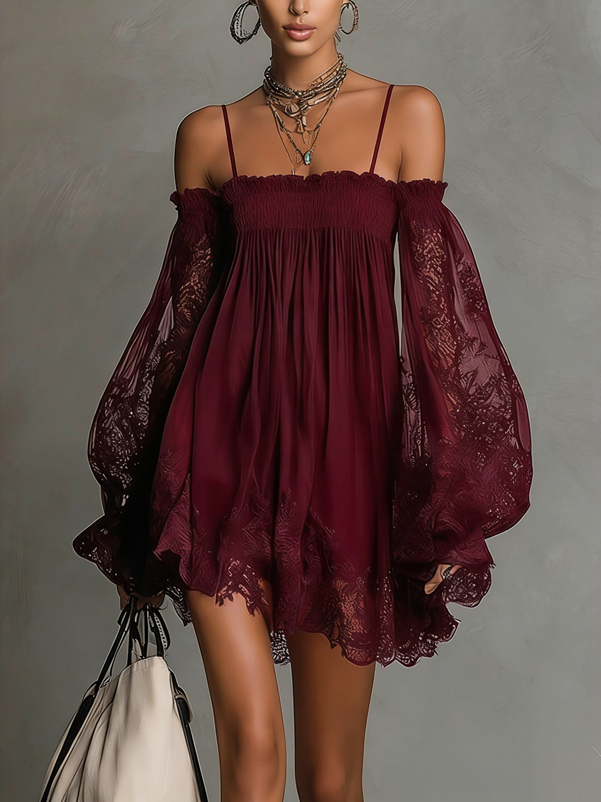 Margherita | Mini Abito in Chiffon Blu con Pizzo e Maniche Rosso