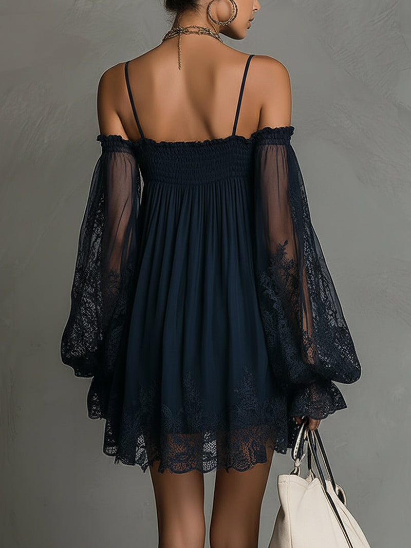 Margherita | Mini Abito in Chiffon Blu con Pizzo e Maniche