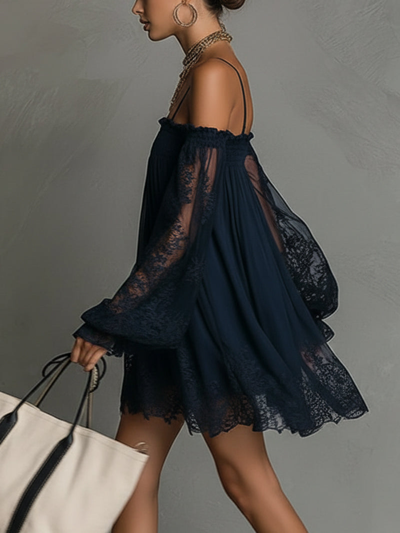 Margherita | Mini Abito in Chiffon Blu con Pizzo e Maniche