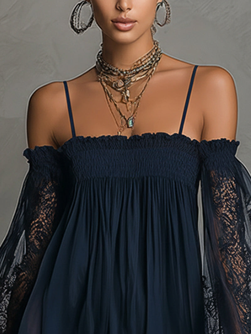 Margherita | Mini Abito in Chiffon Blu con Pizzo e Maniche