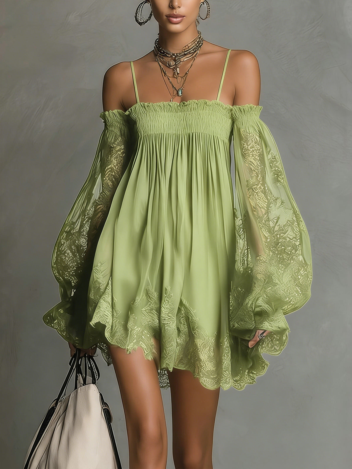 Margherita | Mini Abito in Chiffon Blu con Pizzo e Maniche Verde