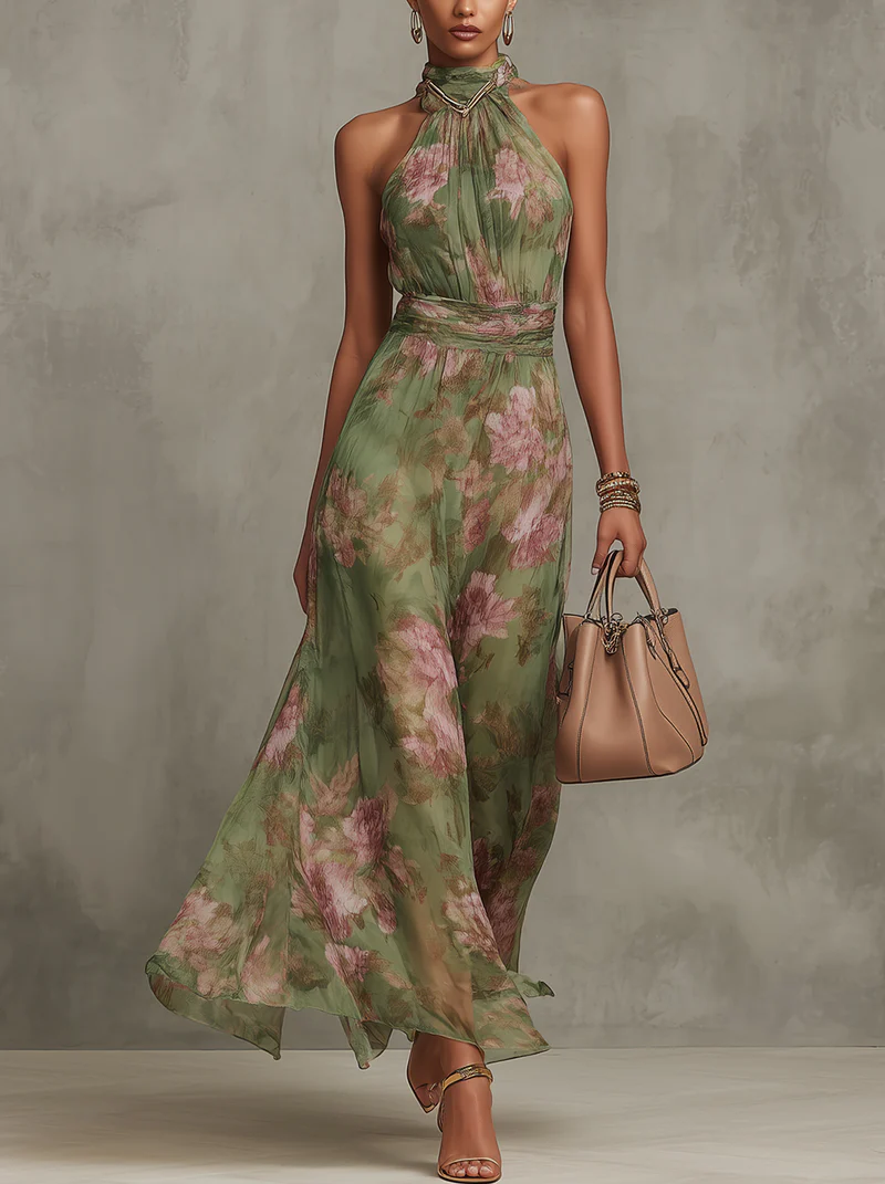 Maria | Vestito Maxi Halter Floreale Verde Smeraldo