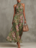 Maria | Vestito Maxi Halter Floreale Verde Smeraldo