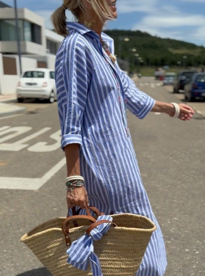 Women's Striped Button Front Midi Shirt Dress