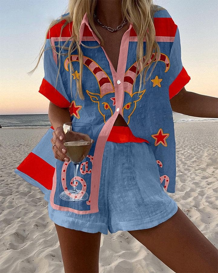 Martina | Coordinato Donna Camicia Shorts Lino Estivo Blu