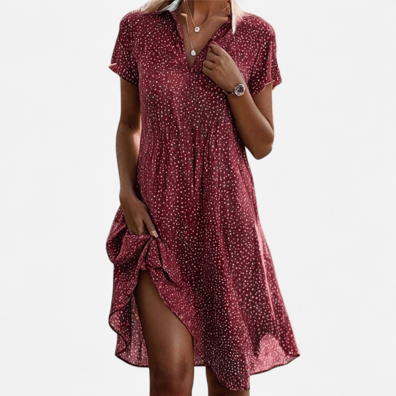 Martina | Elegante Abito Midi a Pois con Colletto Rosso
