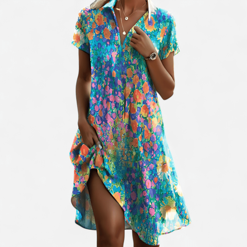 Martina | Elegante Abito Midi a Pois con Colletto Blu