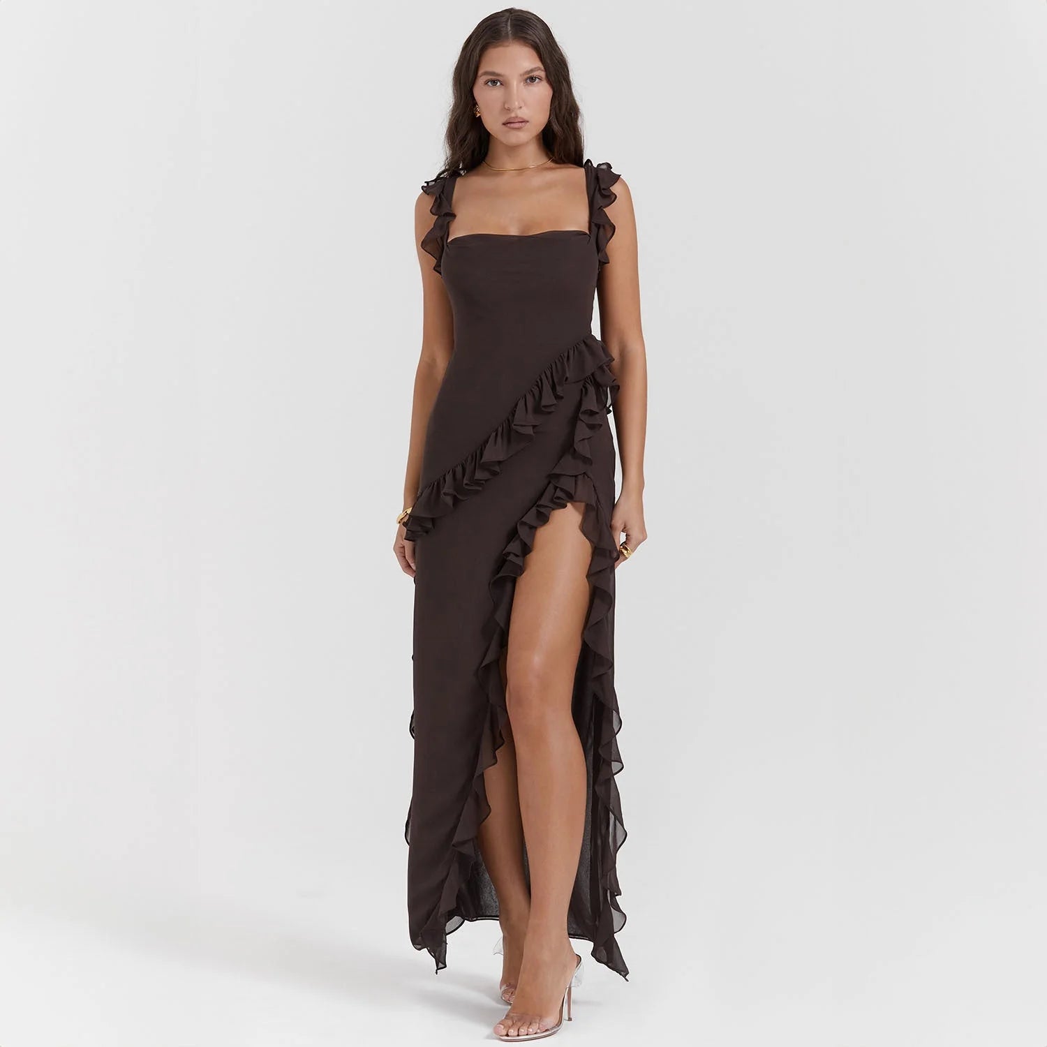 Martina | Vestito Lungo con Volant e Spacco