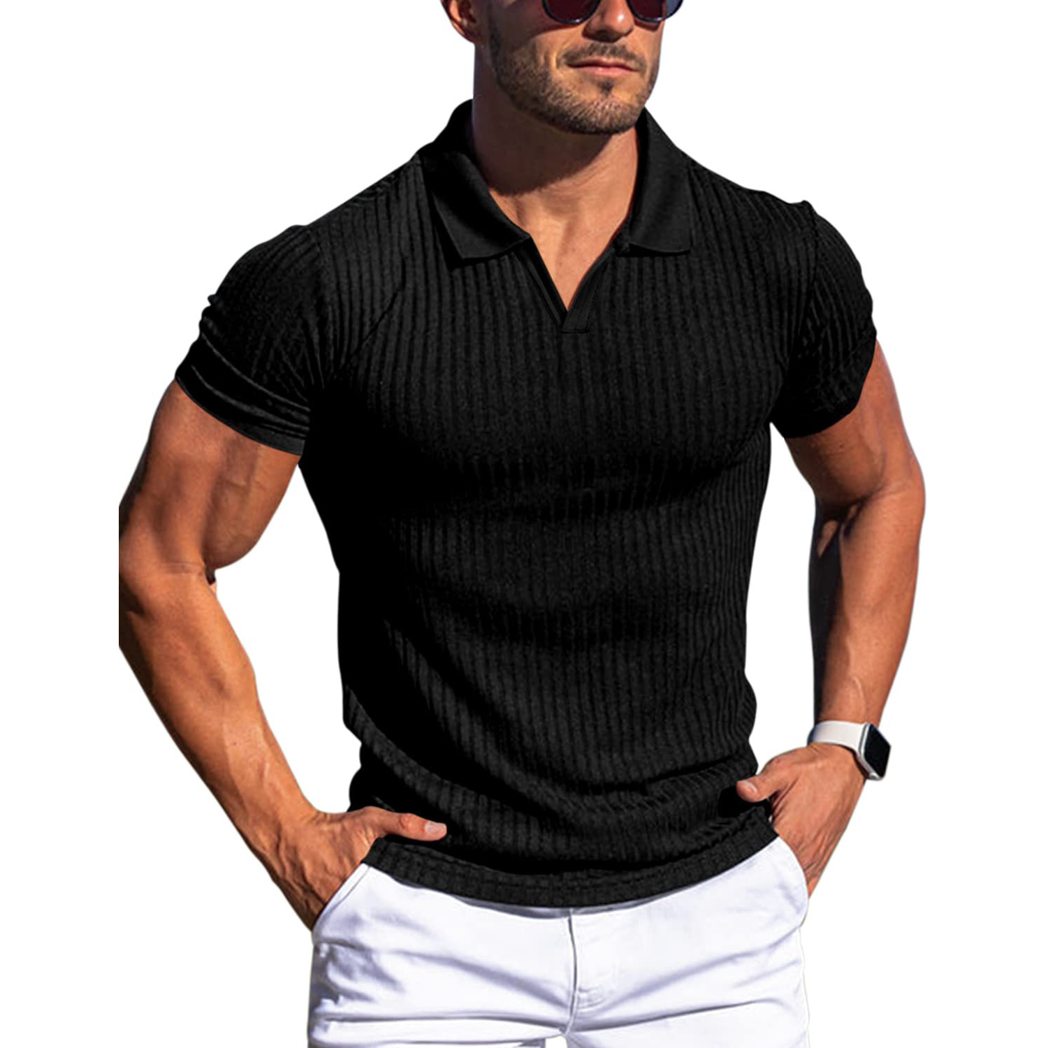 Massimo | Polo a Maglia Uomo Polo Elegante Uomo a Coste Nero