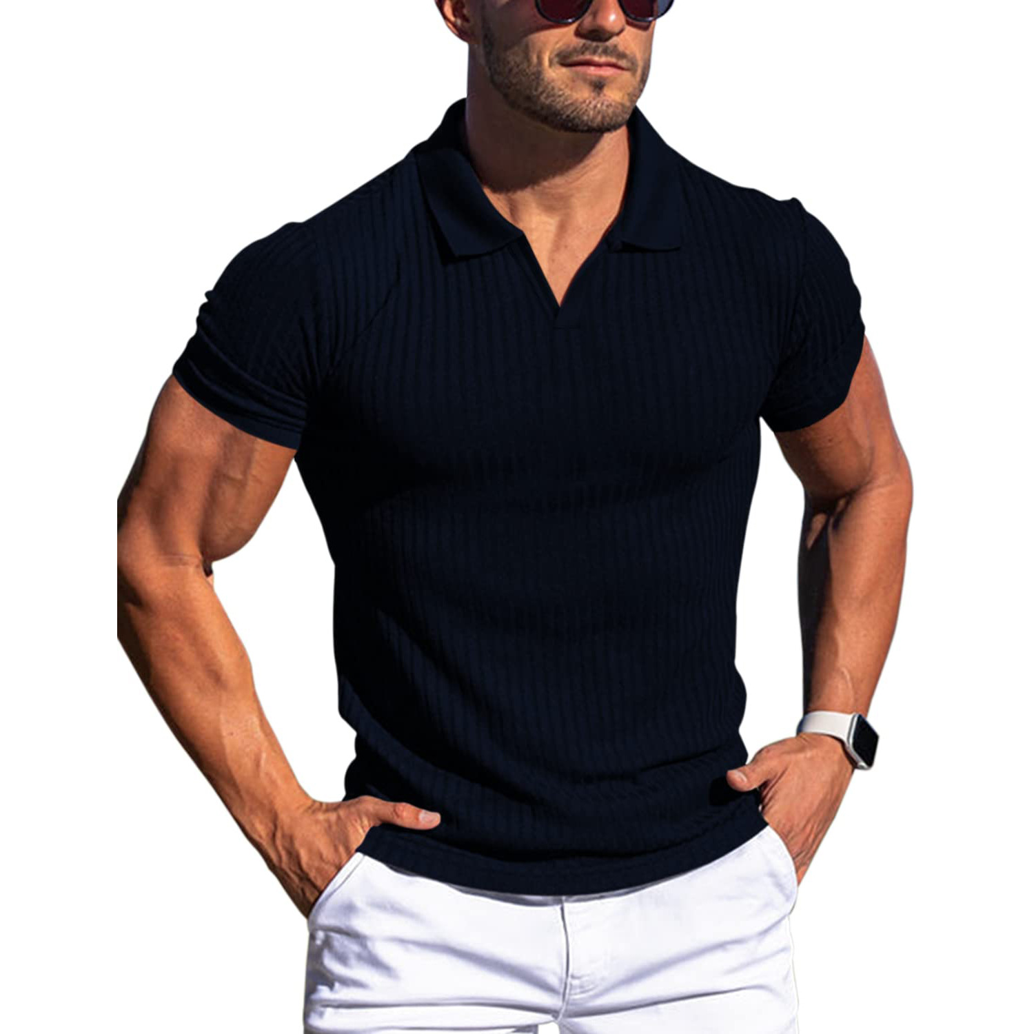 Massimo | Polo a Maglia Uomo Polo Elegante Uomo a Coste Blu Scuro