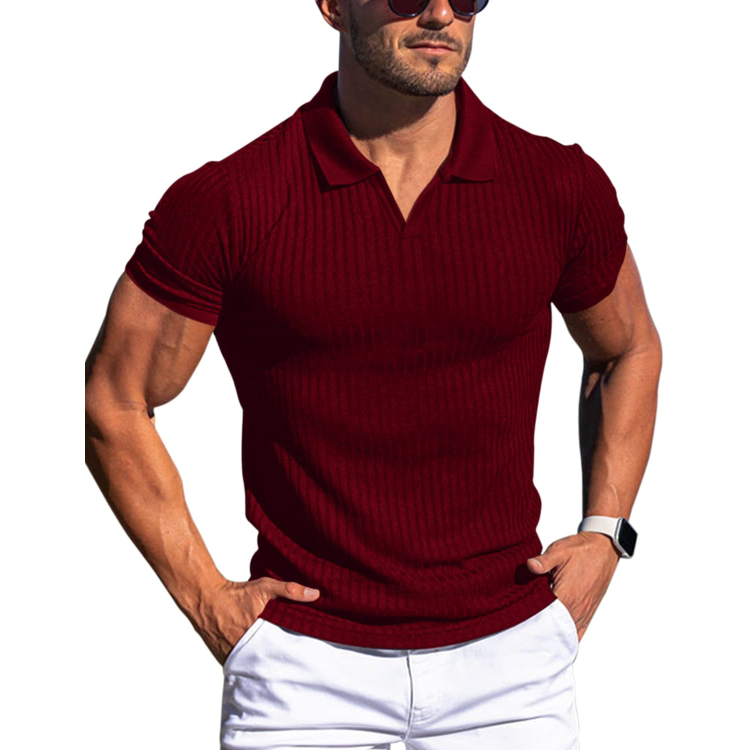 Massimo | Polo a Maglia Uomo Polo Elegante Uomo a Coste Rosso