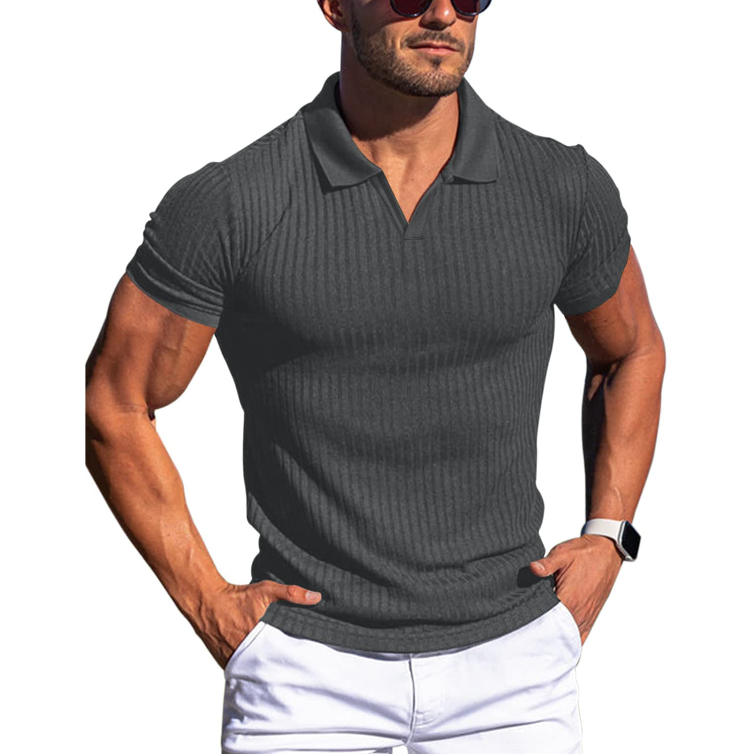 Massimo | Polo a Maglia Uomo Polo Elegante Uomo a Coste Grigio Scuro