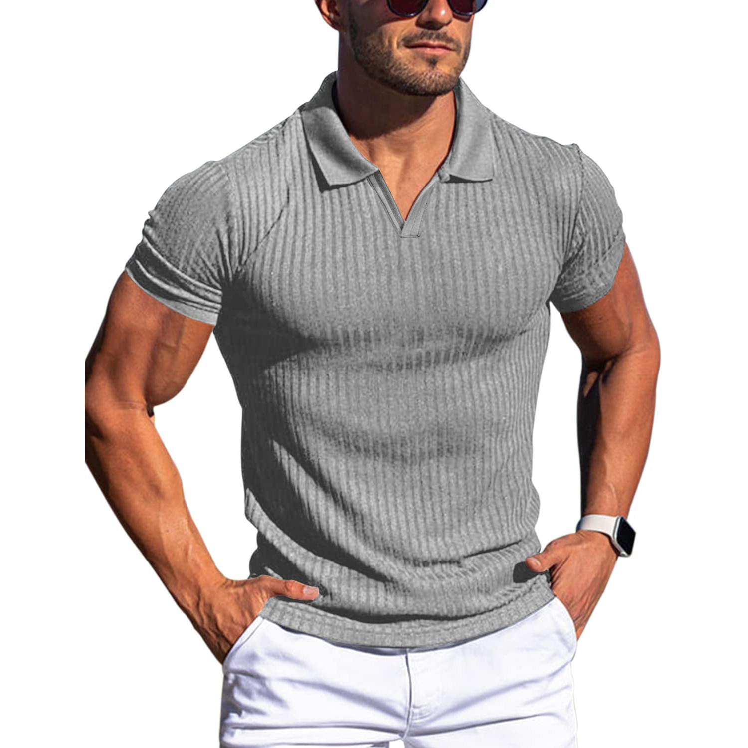 Massimo | Polo a Maglia Uomo Polo Elegante Uomo a Coste Grigio