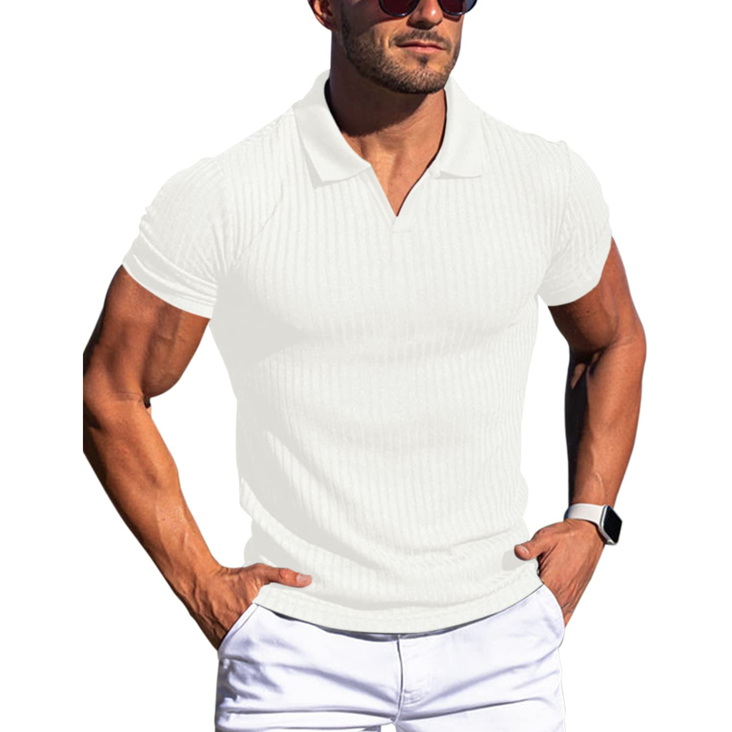 Massimo | Polo a Maglia Uomo Polo Elegante Uomo a Coste Bianco