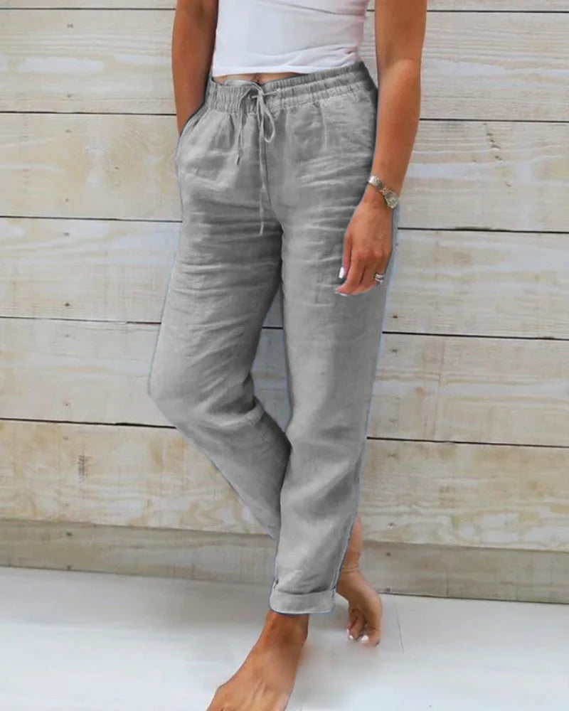 Matilde | Pantalone Donna Casual Vita Elastica Lino Grigio